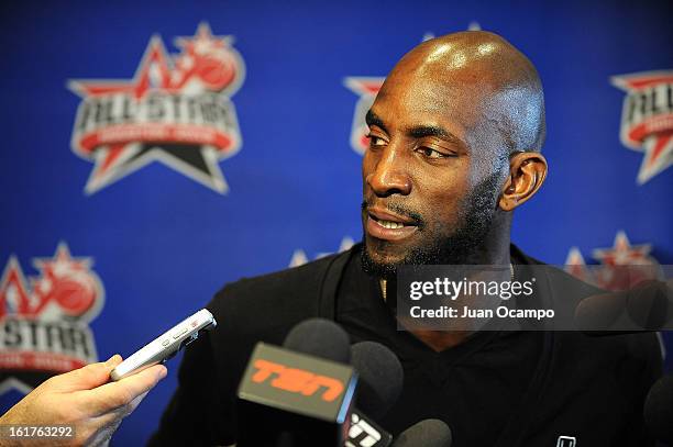 Kevin Garnett of the Boston Celtics speaks with reporters during media availability as part of the 2013 NBA All-Star Weekend at the Hilton Americas...