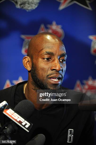 Kevin Garnett of the Boston Celtics speaks with reporters during media availability as part of the 2013 NBA All-Star Weekend at the Hilton Americas...