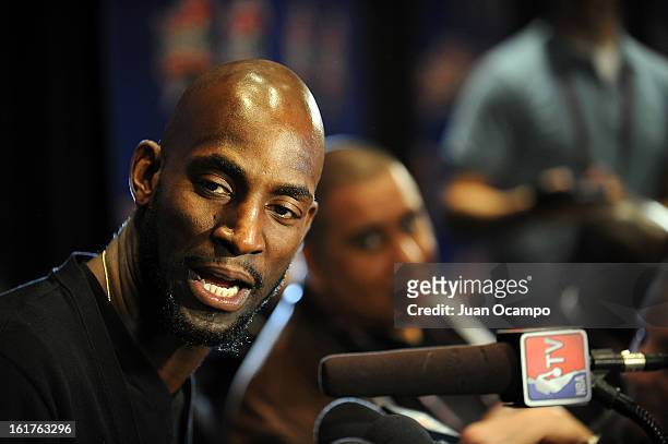 Kevin Garnett of the Boston Celtics speaks with reporters during media availability as part of the 2013 NBA All-Star Weekend at the Hilton Americas...