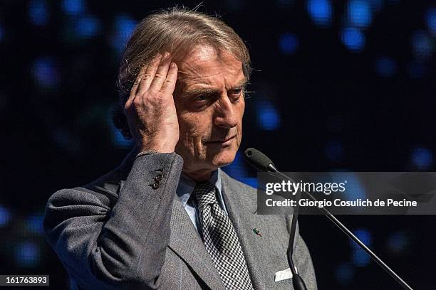 President of Ferrari Luca Cordero di Montezemolo gestures as he delivers a speech during a campaign rally for the centrist alliance 'With Monit For...