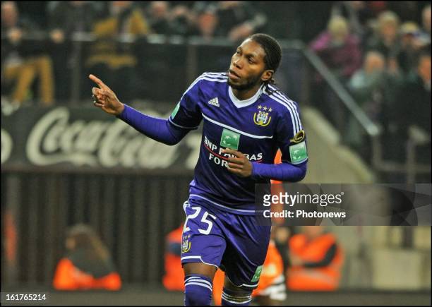 Dieudonne Mbokani of RSC Anderlecht score a goal pictured during the Jupiler League match between RSC Anderlecht and Sporting Charleroi on February...