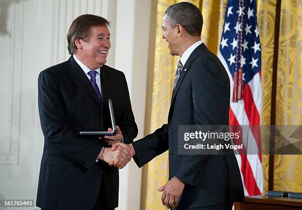 President Barack Obama presents Billy Mills, Running Strong for American Indian Youth founder and Olympian, with the 2012 Presidential Citizens Medal...