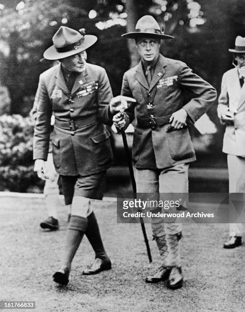 Sir Robert Baden-Powell, Chief Scout and founder of the Boy Scouts, and the Prince of Wales, who is the Chief Scout in Wales, shown during the...