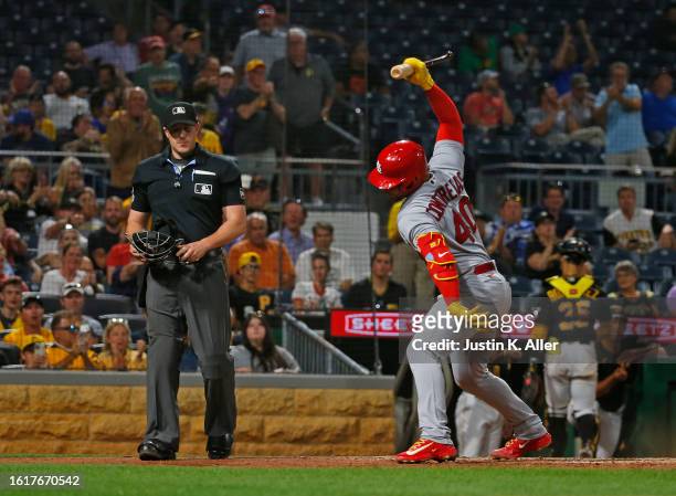 Willson Contreras of the St. Louis Cardinals reacts after striking out in the seventh inning against the Pittsburgh Pirates at PNC Park on August 22,...