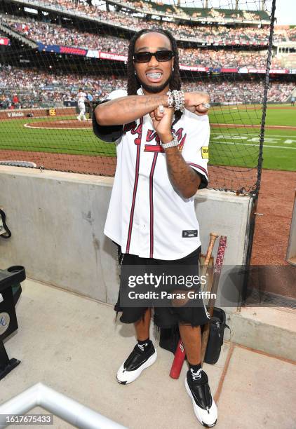 Rapper Quavo attends the game between the Atlanta Braves and the New York Yankees at Truist Park on August 15, 2023 in Atlanta, Georgia