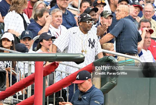 Film director Spike Lee attends the game between the Atlanta Braves and the New York Yankees at Truist Park on August 15, 2023 in Atlanta, Georgia