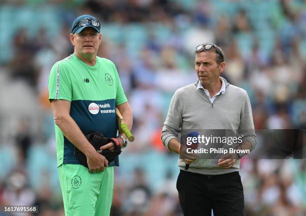 Tom Moody of Oval Invincibles with Michael Atherton of Sky Sports before The Hundred match between Oval Invincibles Men and London Spirit Men at The...