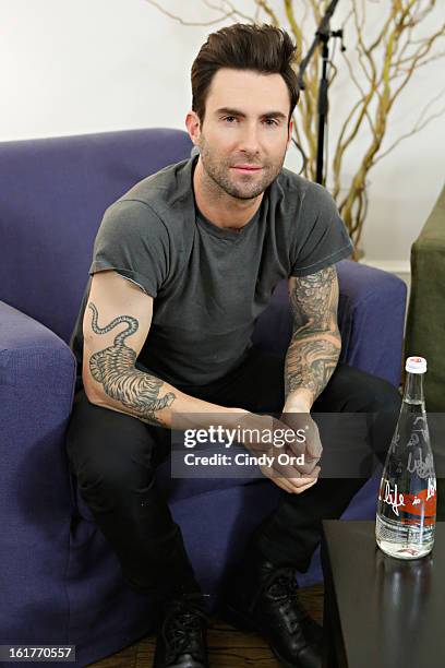 Singer Adam Levine poses after being interviewed by Danielle Monaro of "Elvis Duran and the Morning Show" at The Mercer Hotel on February 15, 2013 in...