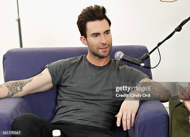 Singer Adam Levine is interviewed exclusively by Danielle Monaro of "Elvis Duran and the Morning Show" at The Mercer Hotel on February 15, 2013 in...