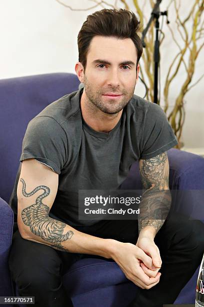 Singer Adam Levine poses after being interviewed by Danielle Monaro of "Elvis Duran and the Morning Show" at The Mercer Hotel on February 15, 2013 in...