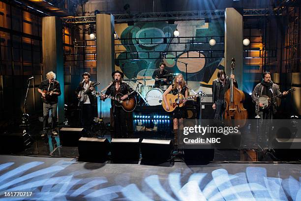 Episode 4410 -- Pictured: Musical guests FM Radio perform on February 15, 2013 --