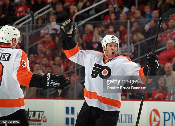 Mike Knuble of the Philadelphia Flyers celebrates his goal at 11:15 of the first period against the New Jersey Devils at the Prudential Center on...