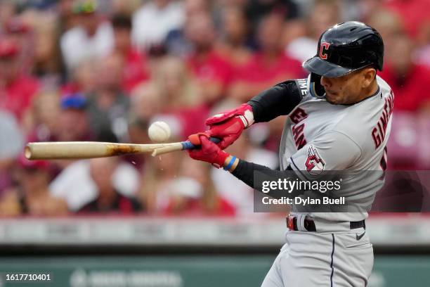 Andrés Giménez of the Cleveland Guardians breaks his bat popping out in the third inning against the Cincinnati Reds at Great American Ball Park on...