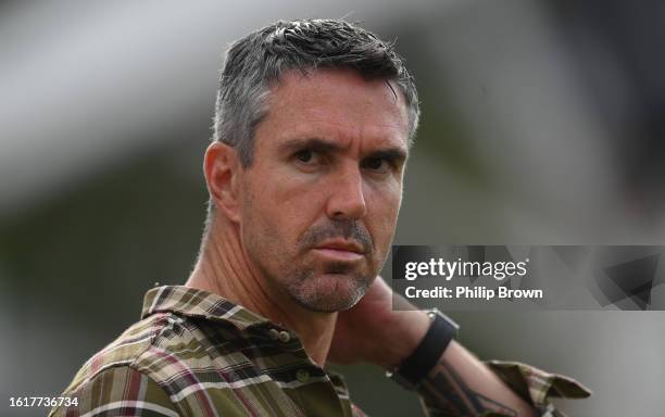 Kevin Pietersen working for Sky Sports looks on before The Hundred match between Oval Invincibles Men and London Spirit Men at The Kia Oval on August...