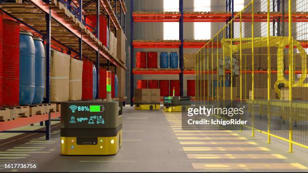 the collaboration of palletizing robot and agv (automated guided vehicle) in smart warehouse. 3d illustration - automated guided vehicles stockfoto's en -beelden