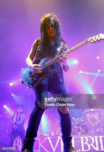 Ashley Purdy and Jake Pitts of Black Veil Brides perform at Brixton Academy on February 15, 2013 in London, England.
