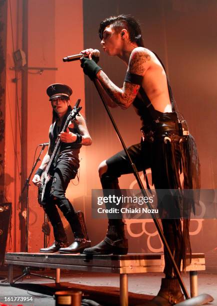 Ashley Purdy and Andy Biersack of Black Veil Brides perform at Brixton Academy on February 15, 2013 in London, England.