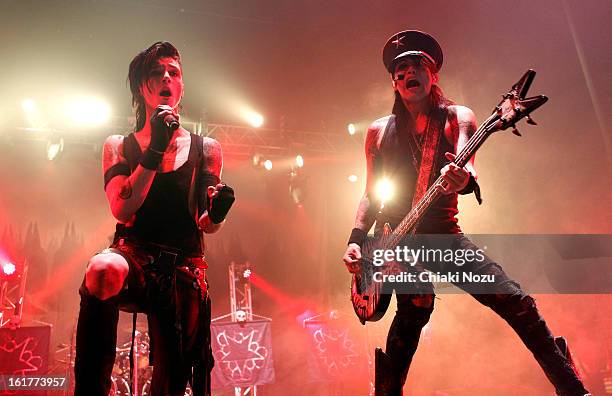 Andy Biersack and Ashley Purdy of Black Veil Brides perform at Brixton Academy on February 15, 2013 in London, England.