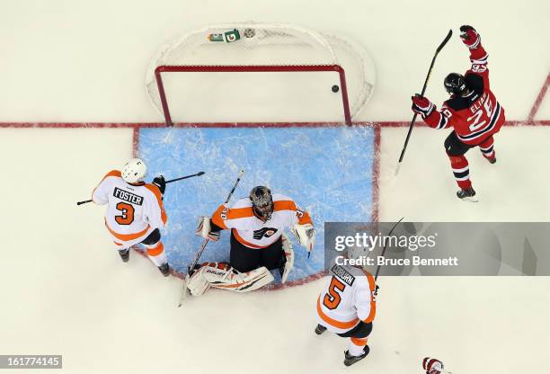 Patrik Elias of the New Jersey Devils celebrates the game winning goal by David Clarkson agaianst Ilya Bryzgalov of the Philadelphia Flyers at the...