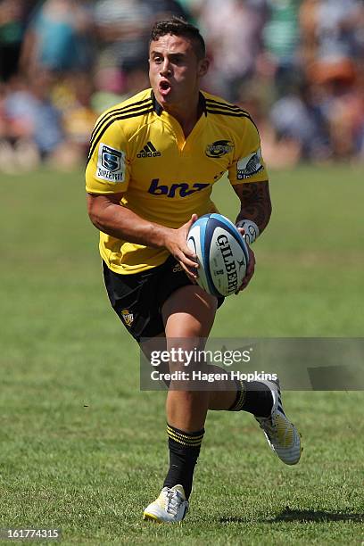 Perenara of the Hurricanes runs the ball during the Super Rugby trial match between the Hurricanes and the Chiefs at Mangatainoka RFC on February 16,...