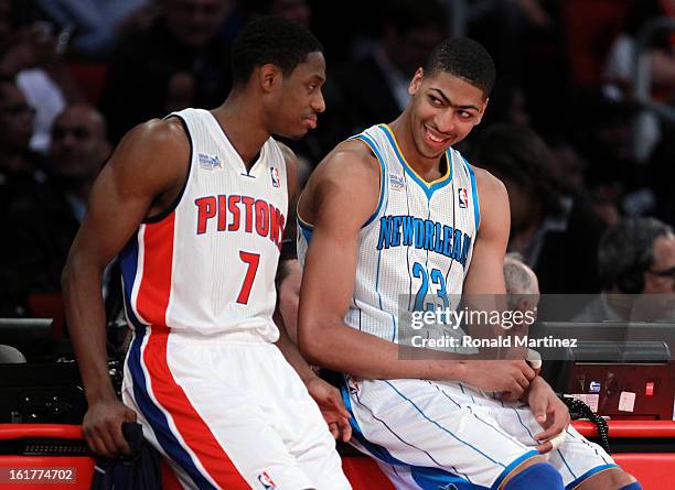 Brandon Knight of the Detroit Pistons talks with Anthony Davis of the New Orleans Hornets in the first half in the BBVA Rising Stars Challenge 2013...