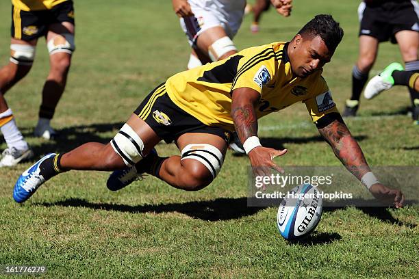 Faifili Levave of the Hurricanes gathers a loose ball during the Super Rugby trial match between the Hurricanes and the Chiefs at Mangatainoka RFC on...
