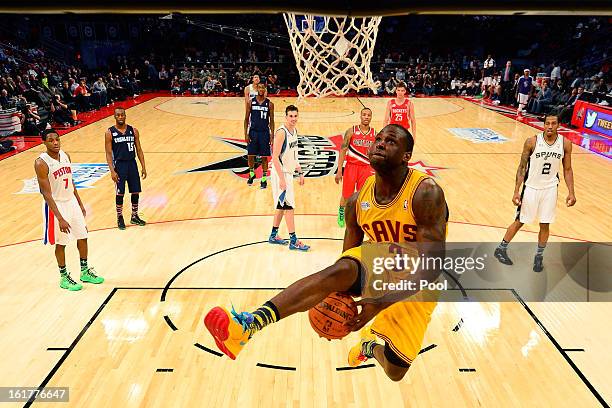 Dion Waiters of the Cleveland Cavaliers goes up for a dunk as he throws the ball under his legs in the BBVA Rising Stars Challenge 2013 part of the...