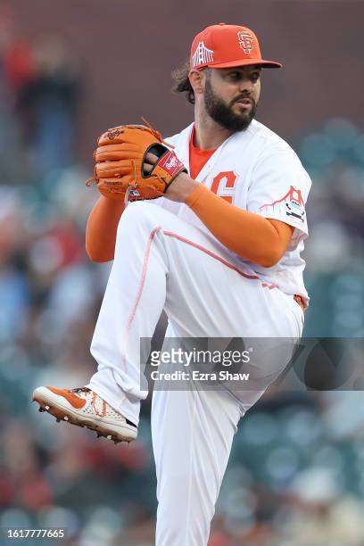 Jakob Junis of the San Francisco Giants pitches against the Tampa Bay Rays in the first inning at Oracle Park on August 15, 2023 in San Francisco,...