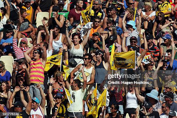 Fans show their support during the Super Rugby trial match between the Hurricanes and the Chiefs at Mangatainoka RFC on February 16, 2013 in...