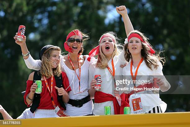 Fans dressed as pirates pose during the Super Rugby trial match between the Hurricanes and the Chiefs at Mangatainoka RFC on February 16, 2013 in...