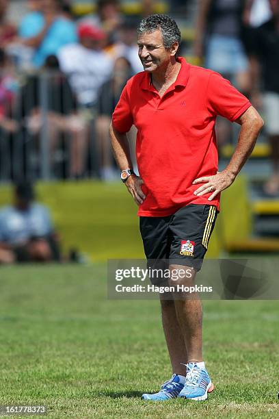 Chiefs assistant coach Wayne Smith looks on during the Super Rugby trial match between the Hurricanes and the Chiefs at Mangatainoka RFC on February...