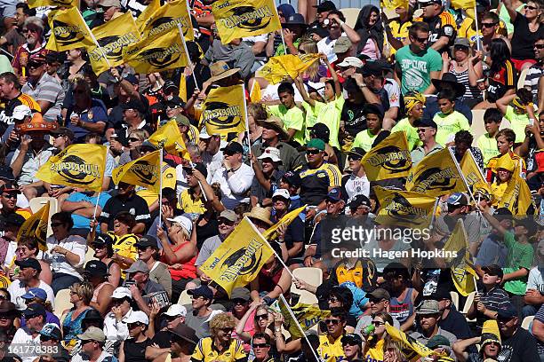 Hurricanes fans show their support during the Super Rugby trial match between the Hurricanes and the Chiefs at Mangatainoka RFC on February 16, 2013...