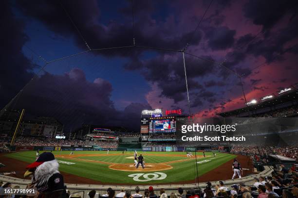 General view of sunset as Nick Pivetta of the Boston Red Sox pitches against Lane Thomas of the Washington Nationals during the third inning at...