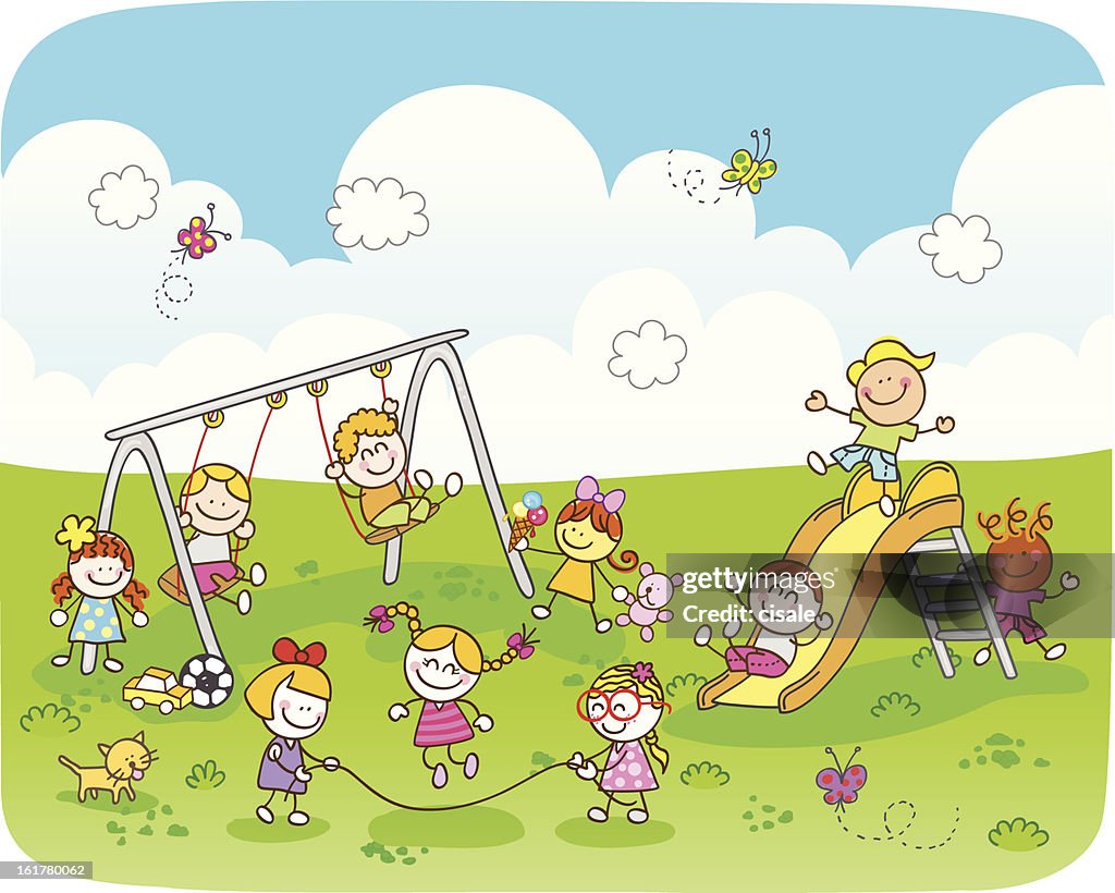 Happy Children Playing At Park Cartoon Illustration High-Res Vector Graphic  - Getty Images