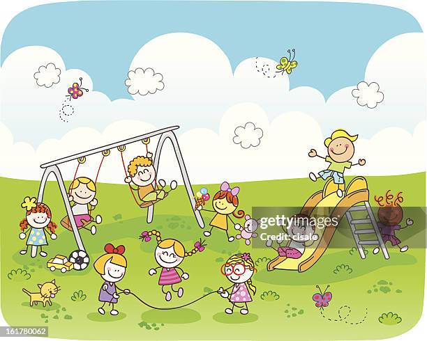 happy children playing at park cartoon illustration - leisure outdoors kids stock illustrations