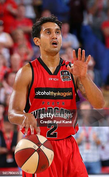 Kyle Armour of the Wildcats calls a play during the round 19 NBL match between the Perth Wildcats and the Townsville Crocodiles at Perth Arena on...