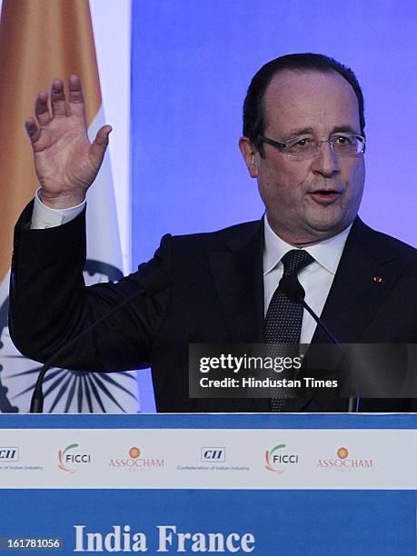 Francois Hollande, President of the French Republic speaking on strengthening long-term economic partnership between India and France at Taj Mahal...