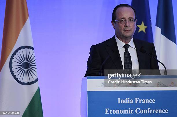 Francois Hollande, President of the French Republic speaking on strengthening long-term economic partnership between India and France at Taj Mahal...