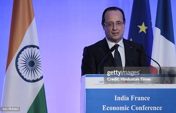 Francois Hollande, President of the French Republic speaking on strengthening long-term economic partnership between India and France at Taj Mahal...