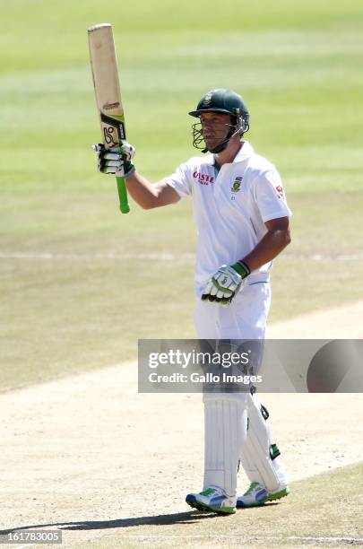 De Villiers of South Africa raises his bat after reaching his fifty during day 3 of the 2nd Sunfoil Test match between South Africa and Pakistan at...