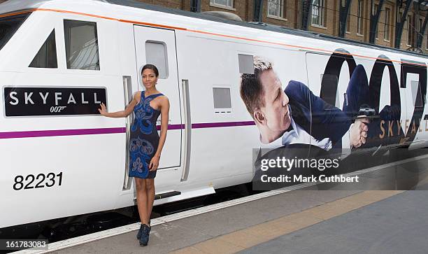 Naomie Harris attends a photocall to unveil the new Skyfall Train on platform 007 at Kings Cross Station on February 16, 2013 in London, England.