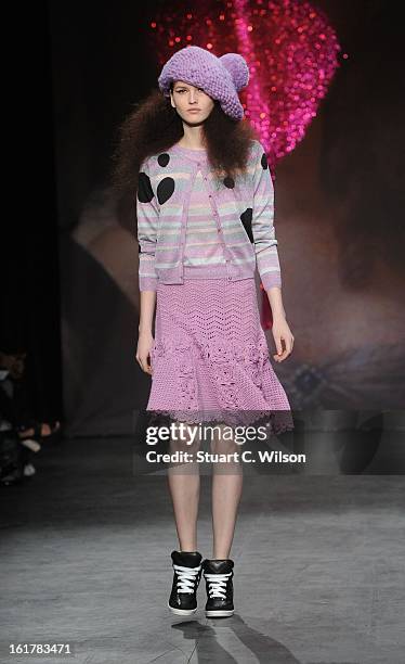 Model showcases designs at the Sister by Sibling presentation during London Fashion Week Fall/Winter 2013/14 at ICA on February 16, 2013 in London,...