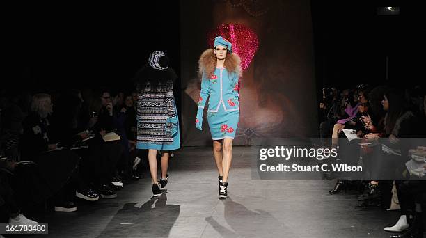 Models showcase designs at the Sister by Sibling presentation during London Fashion Week Fall/Winter 2013/14 at ICA on February 16, 2013 in London,...