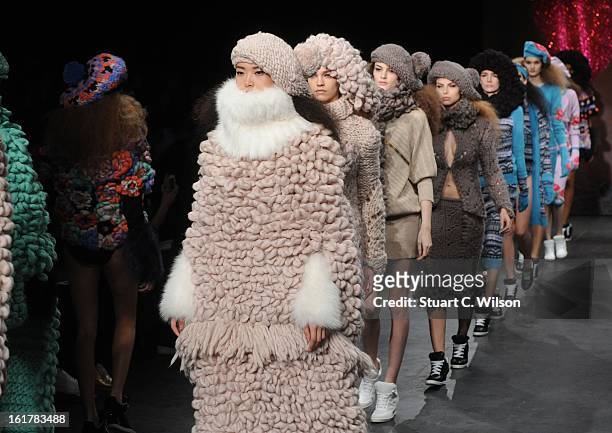 Models showcase designs at the Sister by Sibling presentation during London Fashion Week Fall/Winter 2013/14 at ICA on February 16, 2013 in London,...