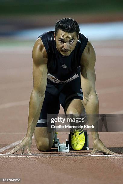 Josh Ross of Victoria prepares to compete in the Men 200 Metre Open during the Adelaide Track Classic at Santos Stadium on February 16, 2013 in...