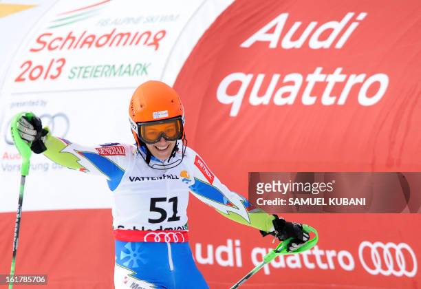 Canada's Elli Terwiel reacts after the second run of the women's slalom at the 2013 Ski World Championships in Schladming, Austria on February 16,...
