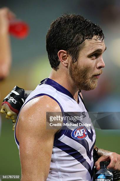 Hayden Ballantyne of the Fremantle Dockers walks off after their loss in the round one NAB Cup match between the West Coast Eagles and the Fremantle...