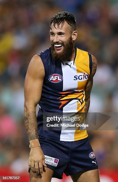 Chris Masten of the West Coast Eagles celebrates a goal during the round one NAB Cup match between the West Coast Eagles and the Fremantle Dockers at...