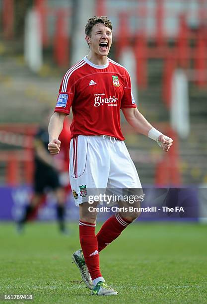 Martin Riley of Wrexham celebrates his side's second goal during the FA Trophy Semi-Final match between Wrexham and Gainsborough Trinity at the...