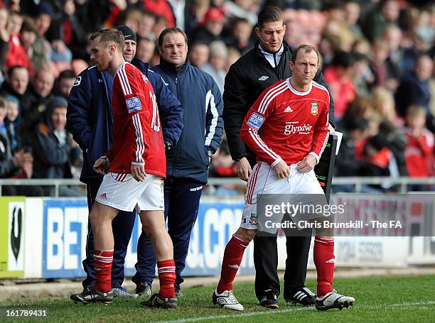 Wrexham player-manager Andy Morrell replaces Brett Ormerod during the FA Trophy Semi-Final match between Wrexham and Gainsborough Trinity at the...